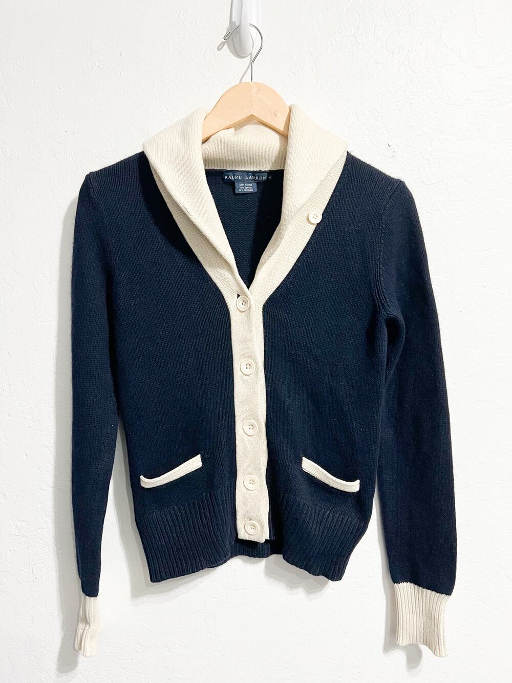 Ralph Lauren Cardigan Knit Sweater Collar Med Navy Blue Button Cotton Cashmere